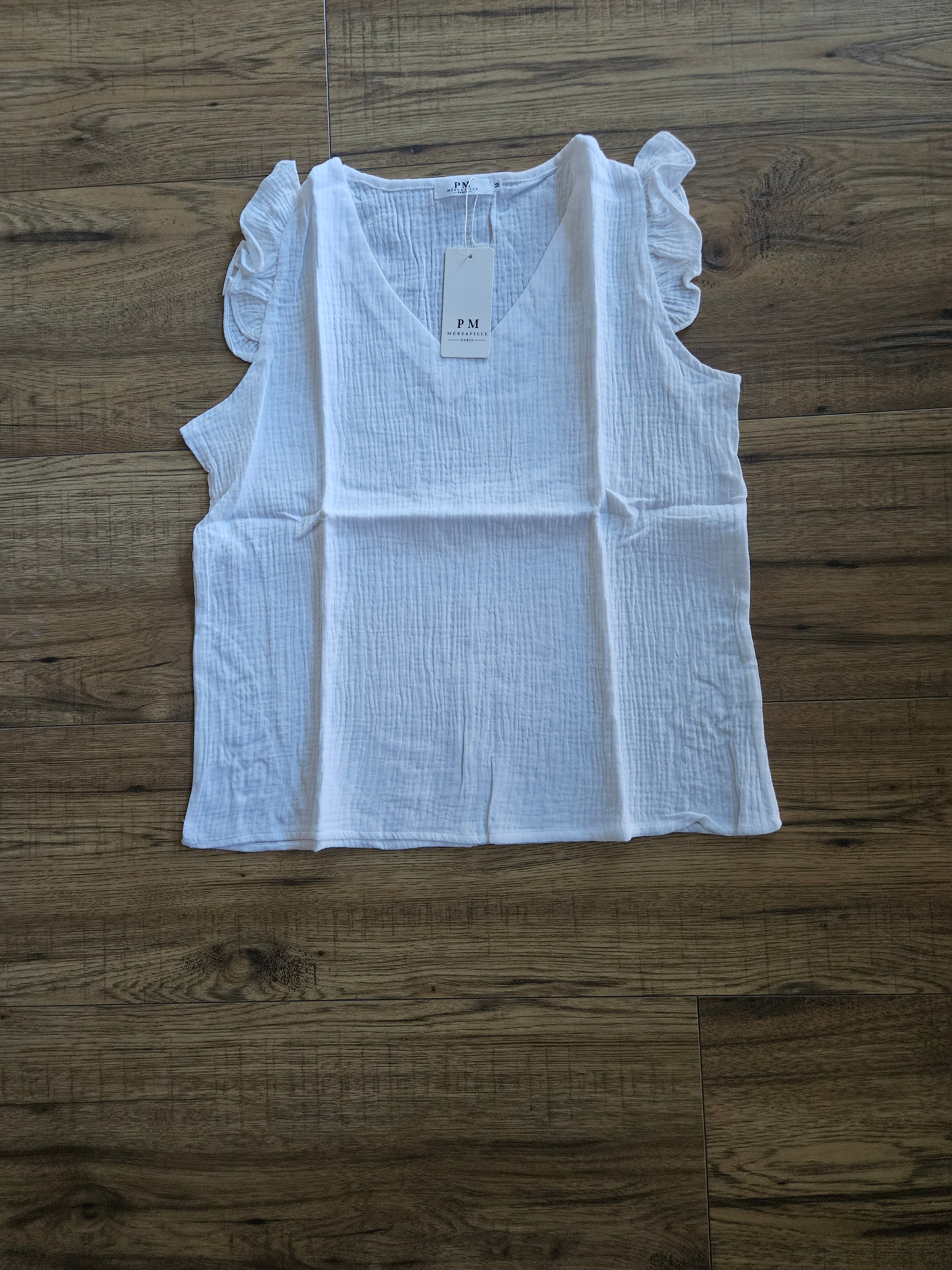 Tee-Shirt Blanc à Volants Mère et Fille - Neuf Plusieurs Tailles - FIN DE SÉRIE